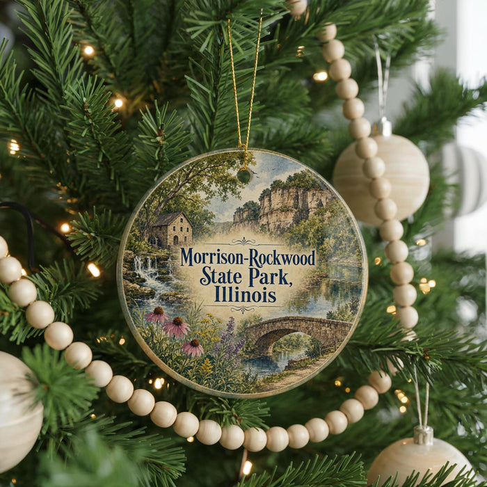 A round ornament hanging on a Christmas tree, featuring a scenic landscape with a bridge and a waterfall.