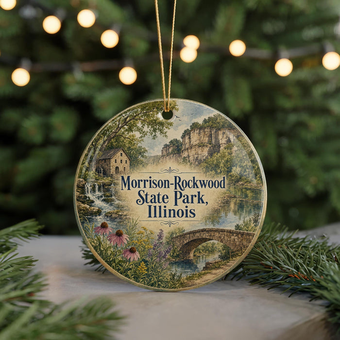 A round ornament with a scenic landscape of Morison-Rockwood State Park, Illinois, featuring a bridge, water, and flowers.