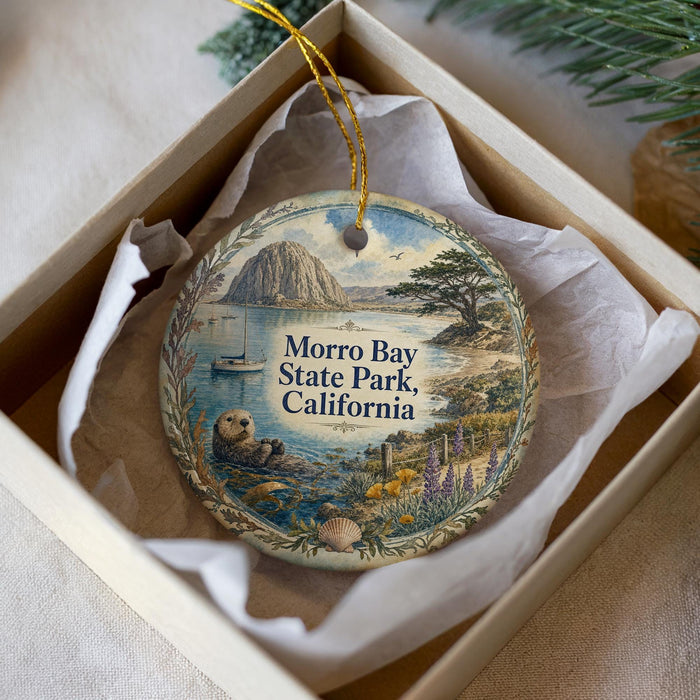 A decorative ornament in a box, featuring a scenic image of Morro Bay State Park, California.
