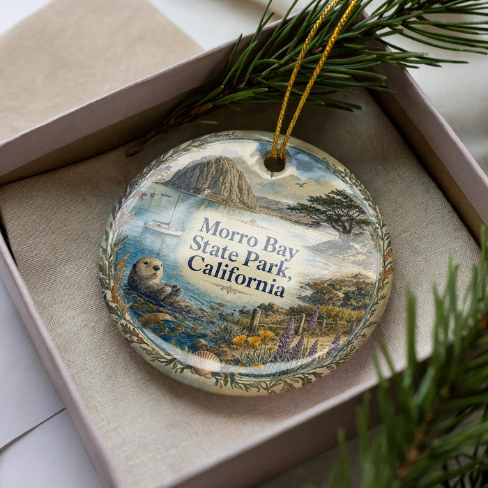 A decorative ornament in a box, featuring a scenic landscape with mountains, water, and wildlife.