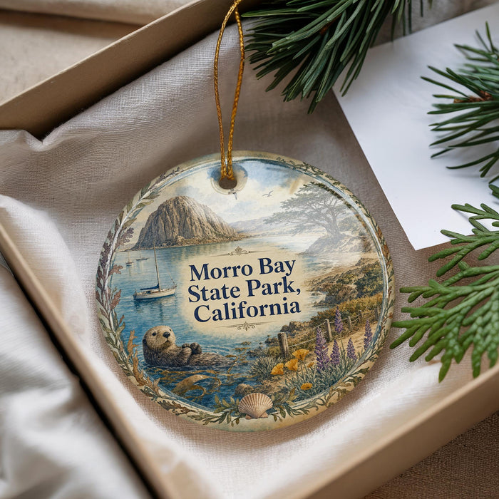 A decorative ornament with a scenic image of Morro Bay State Park, California, featuring a rocky coastline, a bay, and a sea otter.