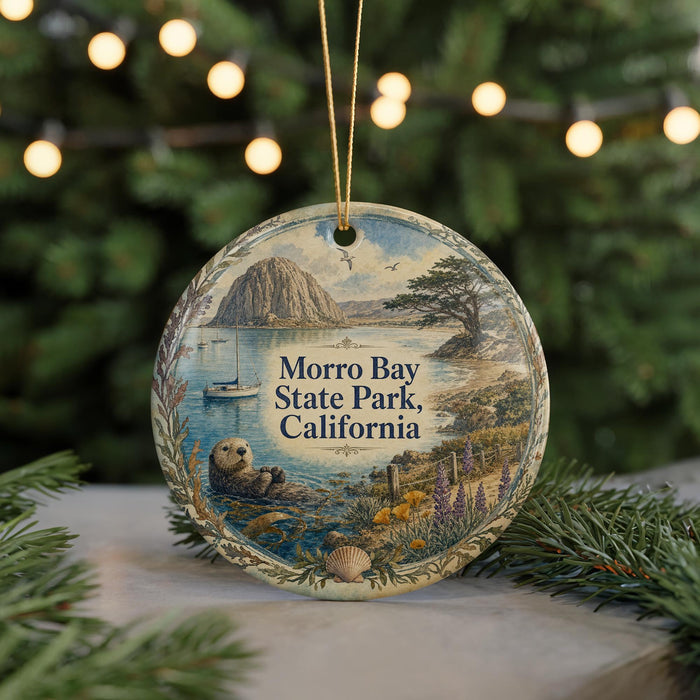 A round ornament featuring a scenic landscape of Morro Bay State Park, California, with a boat, trees, and a bird in the sky.