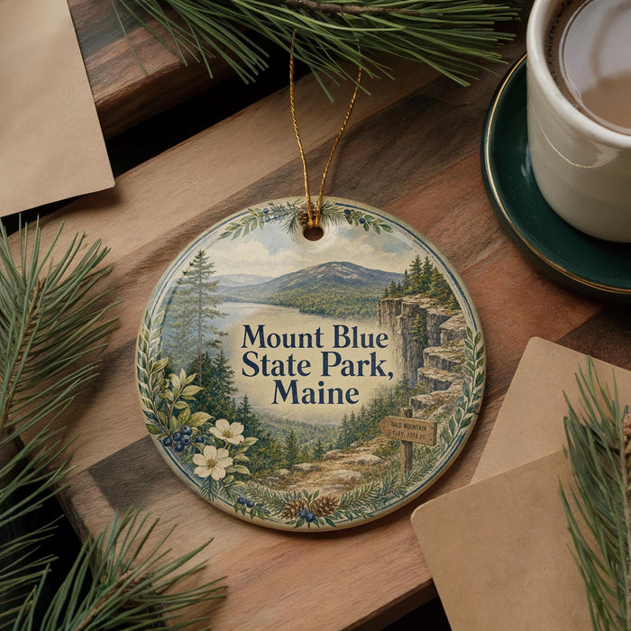 A decorative ornament featuring a scenic mountain landscape with pine trees, a lake, and a sign that reads "Mount Blue State Park, Maine". The ornament is placed on a wooden surface, surrounded by pine branches and a cup of coffee.