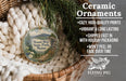 a ceramic ornament hanging from a wicker basket, with a text overlay providing information about the ornament.