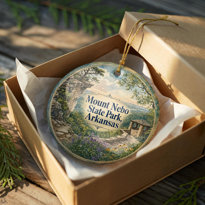 A decorative ornament in a wooden box, featuring a scenic landscape with a path leading to a building, surrounded by greenery.