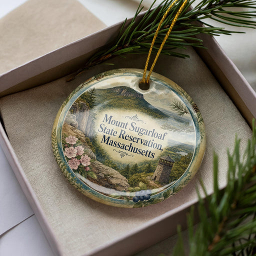 A decorative ornament featuring a scenic landscape with a mountain, pine trees, and a castle, placed in a box with a pine branch.