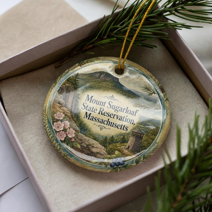 A decorative ornament featuring a scenic landscape with a mountain, pine trees, and a castle, placed in a box with a pine branch.