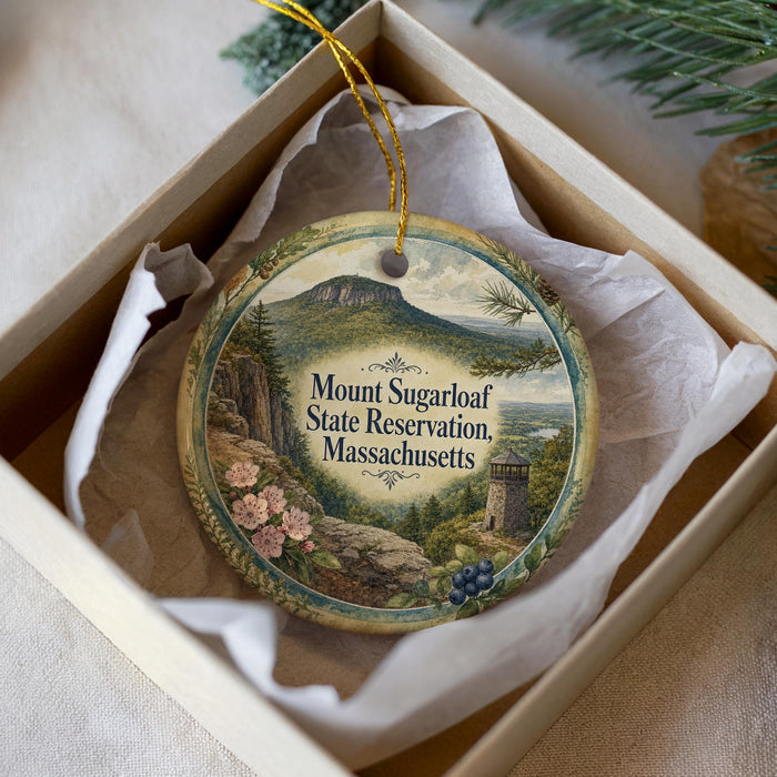 A decorative ornament in a box, featuring a scenic landscape with a mountain, pine trees, and a small tower.