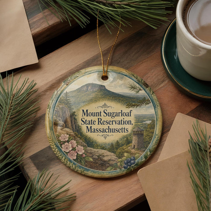 A decorative ornament featuring a scenic mountain landscape with a castle, surrounded by pine branches and flowers, placed on a wooden surface next to a cup of coffee.