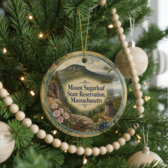 A round ornament hanging on a Christmas tree, featuring a scenic landscape with mountains, pine trees, and a lighthouse.