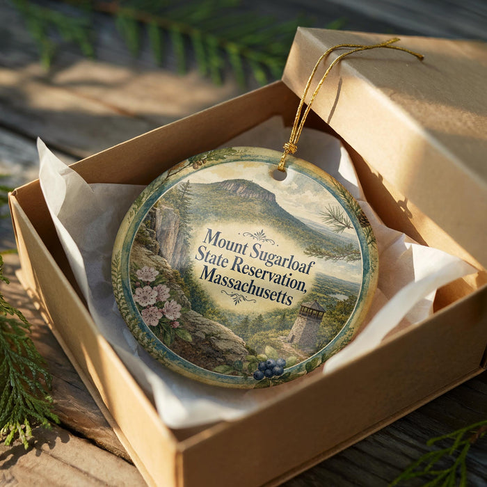 A decorative ornament in a box, featuring a scenic landscape with mountains, trees, and flowers.