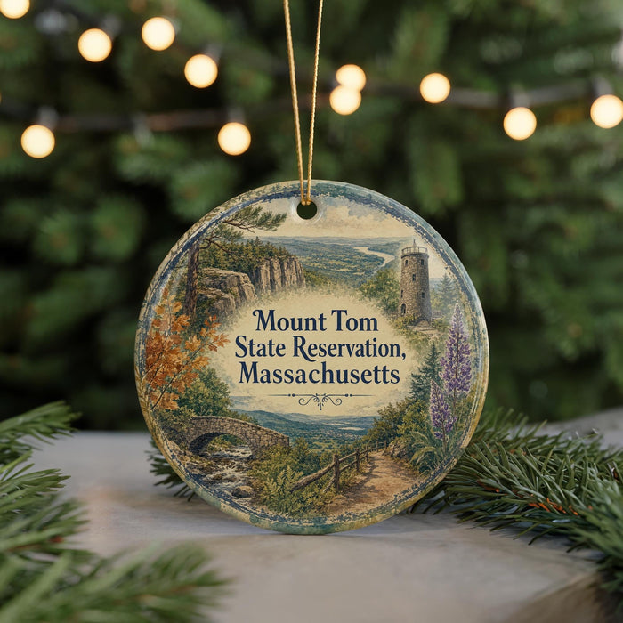 A round ornament with a scenic landscape featuring a castle, bridge, and trees, with the text "Mount Tom State Reserve, Massachusetts" displayed on it.
