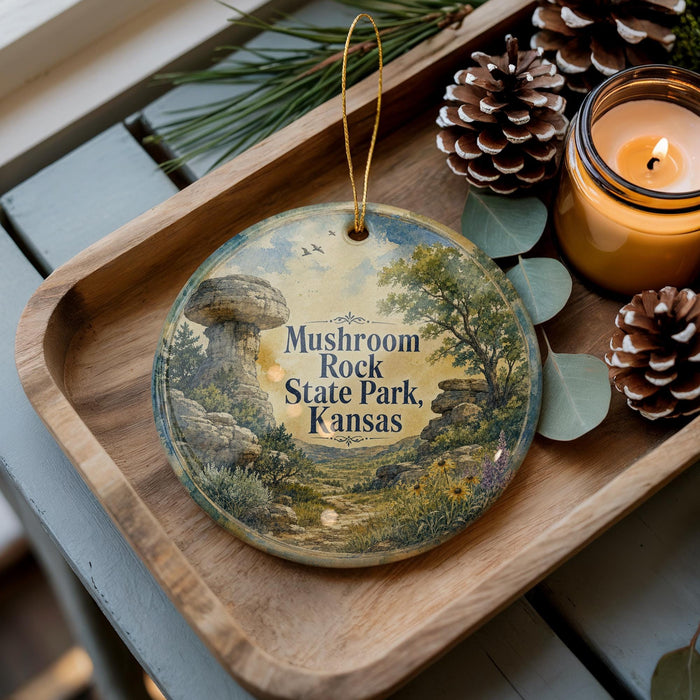 A wooden tray with a decorative ornament featuring a mushroom, rock, and trees, along with pine cones and a lit candle, creating a cozy and rustic atmosphere.