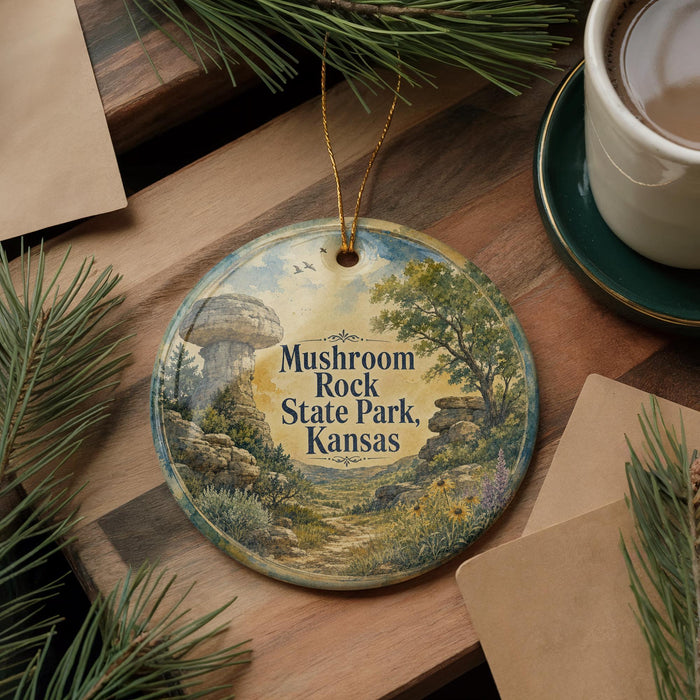 A decorative ornament featuring a mushroom, rock, and trees, with the text "Mushroom Rock State Park Kansas" printed on it, is displayed on a wooden surface alongside a cup of coffee and some pine branches.