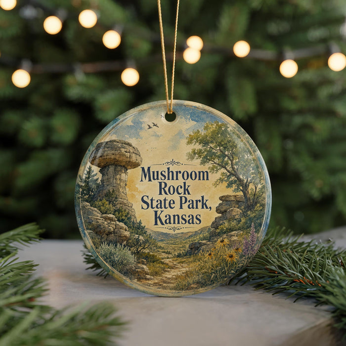 A round ornament with a painting of a mushroom rock and a path leading to Mushroom Rock State Park in Kansas, surrounded by greenery and a string of lights.
