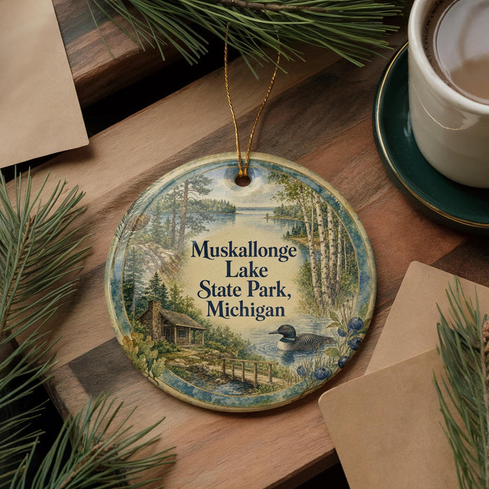 A round ornament with a scenic illustration of Muskallon Lake State Park, Michigan, hanging on a wooden surface.