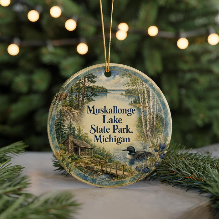 A round ornament with a scenic image of Muskallon Lake State Park, Michigan, featuring a duck, pine trees, and a cabin.