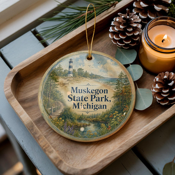 A wooden tray with a decorative ornament featuring a lighthouse and a scenic landscape, accompanied by pine cones and a lit candle.