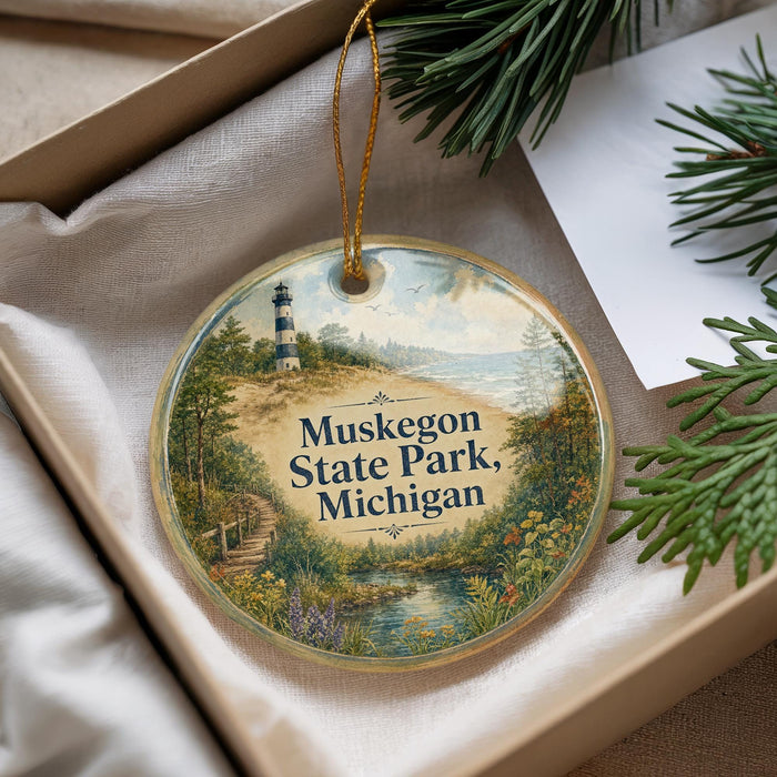 A round ornament with a lighthouse and a scenic landscape, placed in a box with pine branches.