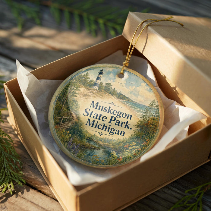 A wooden box containing a decorative ornament with a lighthouse and a scenic landscape, placed on a wooden surface.