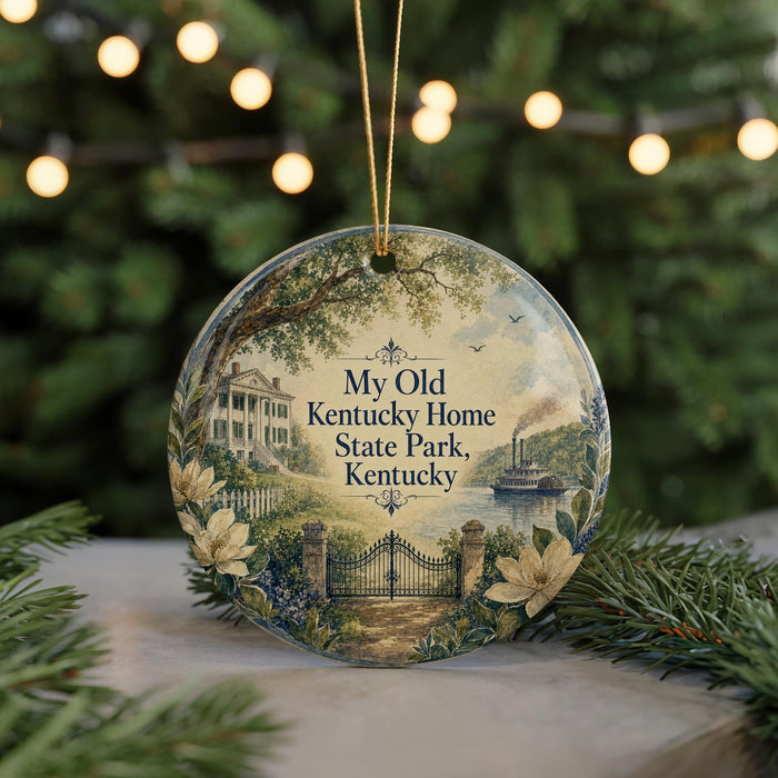 A decorative ornament featuring a scenic view of Kentucky State Park, with a house, trees, and a river in the background.