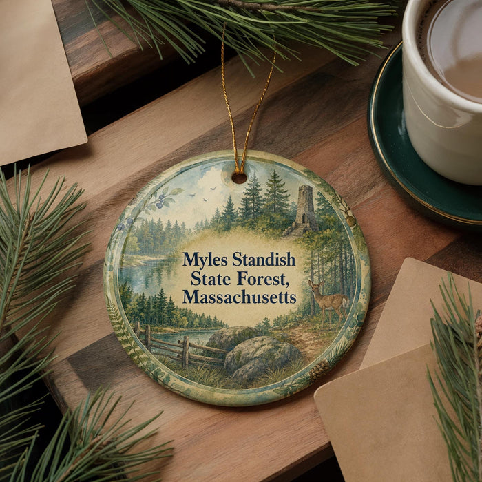 A round ornament with a forest scene and text, placed on a wooden surface next to a cup of coffee and some pine branches.