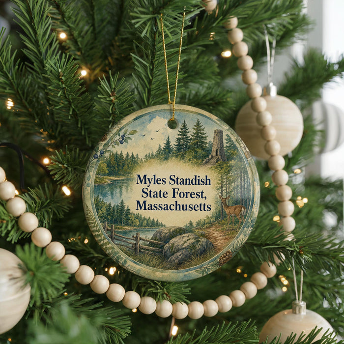 A round ornament hanging on a Christmas tree, featuring a scenic landscape with a forest, a lake, and a deer.