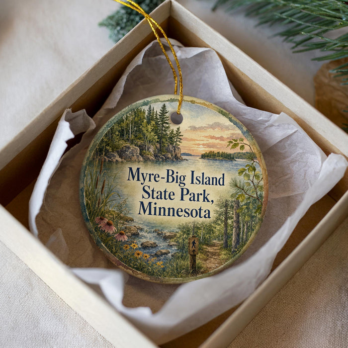 A decorative ornament in a box, featuring a scenic landscape with a lake, mountains, and pine trees.