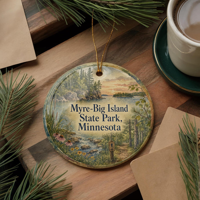 A decorative ornament with a scenic landscape of Myre-Big Island State Park, Minnesota, featuring pine trees, a lake, and a sunset.