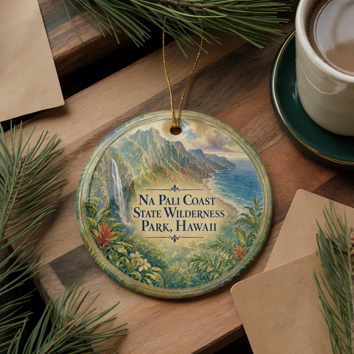 A decorative ornament with a scenic image of the Na Pali Coast State Wilderness Park in Hawaii, featuring lush greenery, a waterfall, and the ocean.