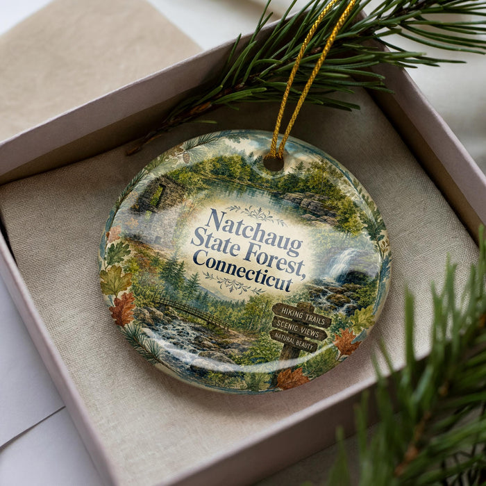 A decorative ornament with a scenic forest landscape, featuring a waterfall and pine trees, is displayed in a box with pine branches.