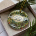 A decorative ornament with a scenic forest landscape, featuring a waterfall and pine trees, is displayed in a box with pine branches.
