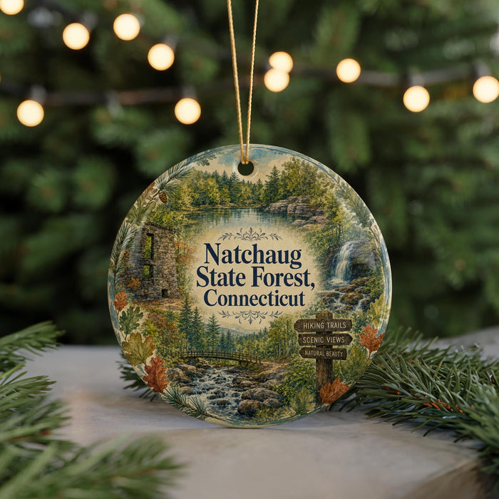 A decorative ornament featuring a scenic landscape of the Natchaug State Forest in Connecticut, with a waterfall and forest in the background.