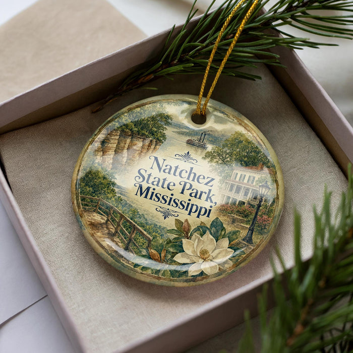 A decorative ornament with a floral design and text, placed in a box with pine branches.