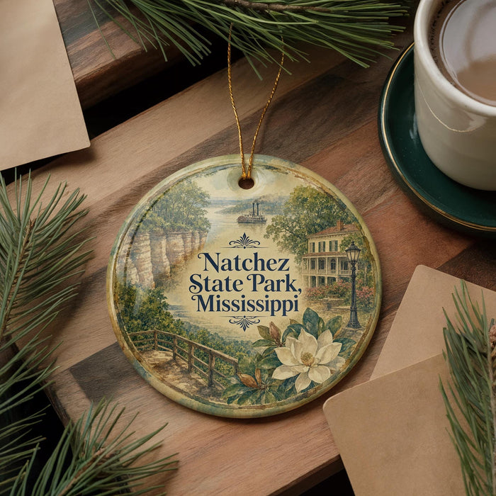A decorative ornament featuring a scenic image of Natchez State Park, Mississippi, with a house and trees in the background.