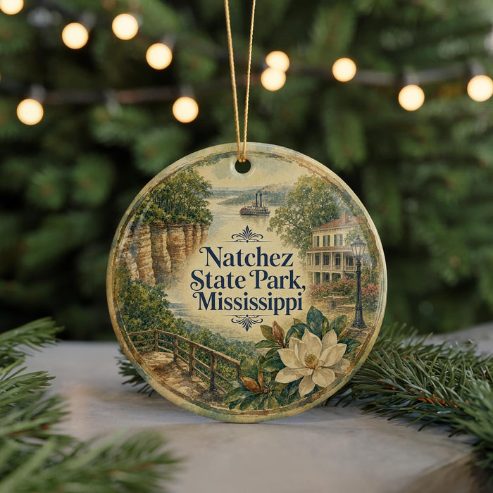 A round ornament with a painting of a park scene, featuring a house, trees, and a bridge, hanging from a string.