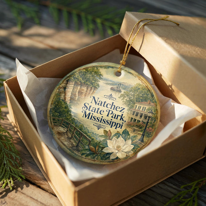 A decorative ornament in a box, featuring a scenic image of a park with a house and a bridge.