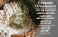 Ceramic ornaments, featuring a decorative piece with a scenic view of Natché State Park, Mississippi. The ornament is displayed in a wicker basket, and the text highlights its features, such as being cozy, high-quality, and long-lasting. The image also mentions that the ornament is shipped fast and comes with holiday packaging, and it is not likely to peel or fade over time.