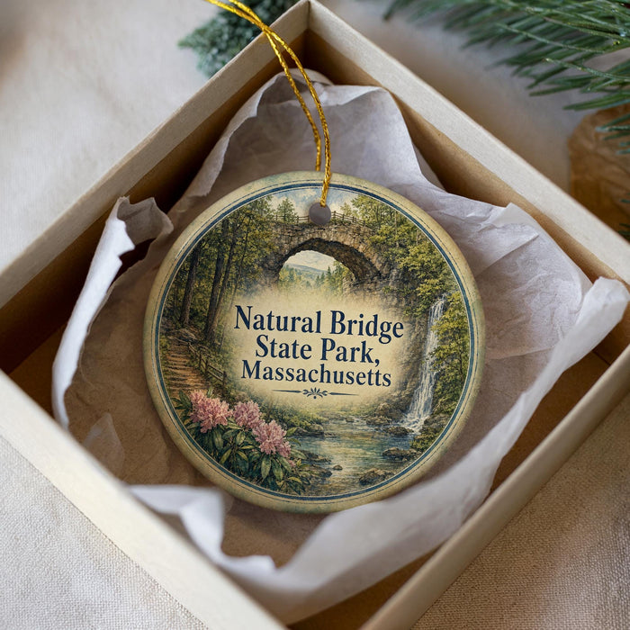 A round ornament with a scenic image of the Natural Bridge in Massachusetts, featuring a stone bridge surrounded by trees and a waterfall.