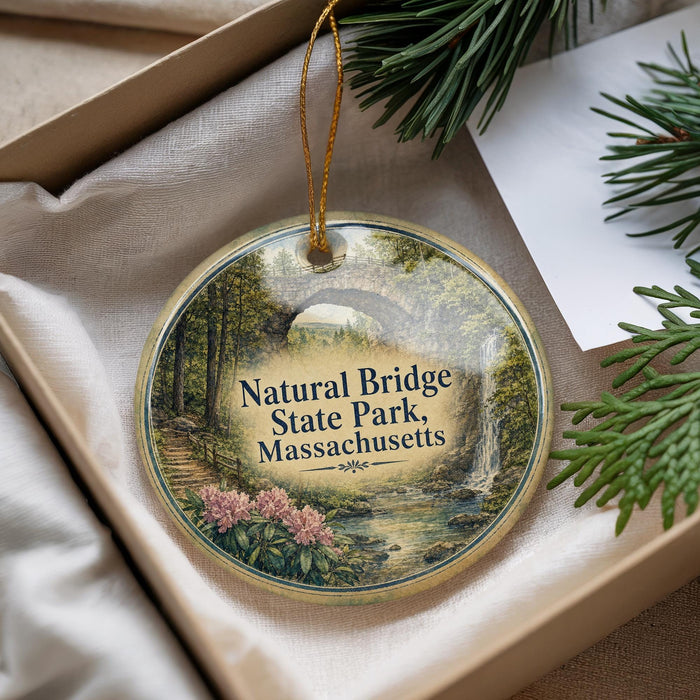 A decorative ornament with a scenic image of a natural bridge and a waterfall, surrounded by greenery, placed in a box.