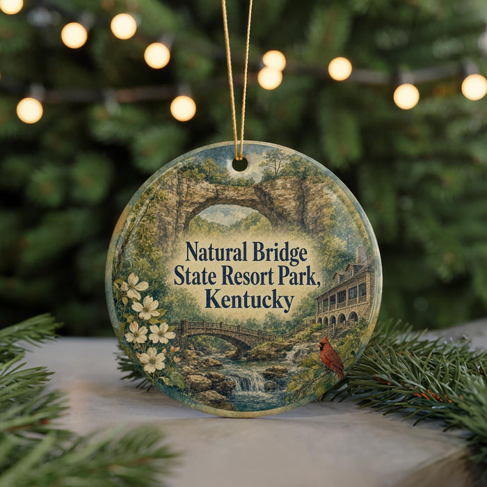 A decorative ornament featuring a scenic image of the Natural Bridge in Kentucky, with a bird perched on a branch and a bridge in the background.