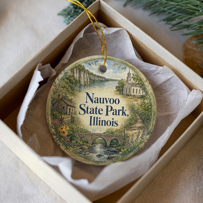 A decorative ornament in a box, featuring a scenic landscape with a river, bridge, and buildings, along with the text "Nauvoo State Park, Illinois".