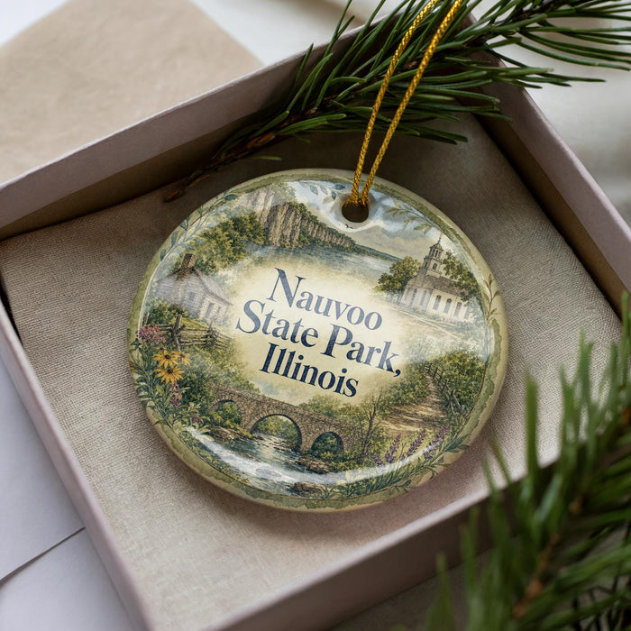 A decorative ornament in a box, featuring a scenic landscape with a bridge and buildings, along with the text "Nauwooo State Park, Illinois".