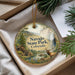A decorative ornament with a scenic landscape of Navajo State Park, Colorado, featuring a deer, a watermill, and a forest.