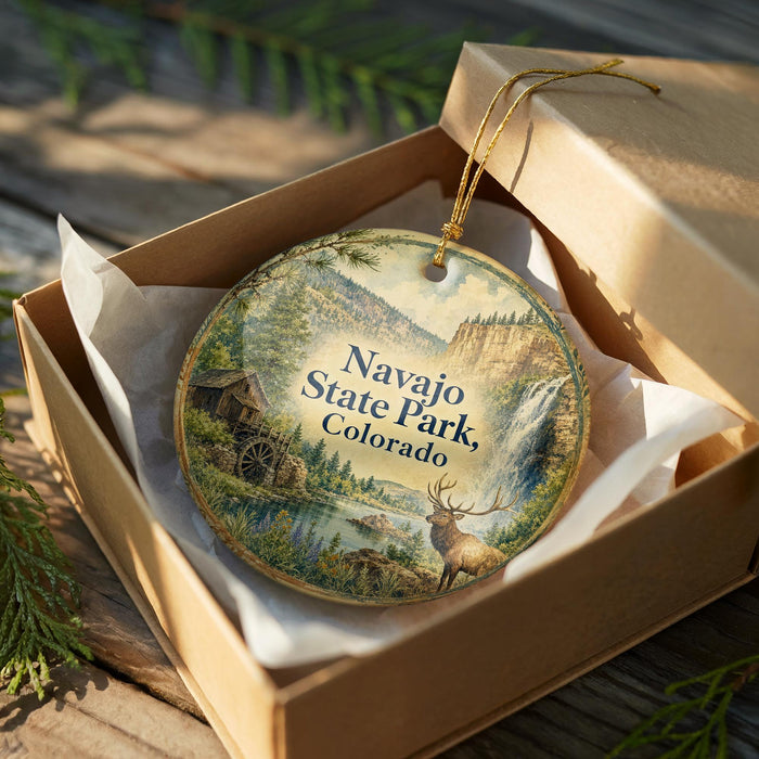 A decorative ornament in a brown box, featuring a scenic landscape with a waterfall and a deer, with the text " Navajo State Park, Colorado" printed on it.