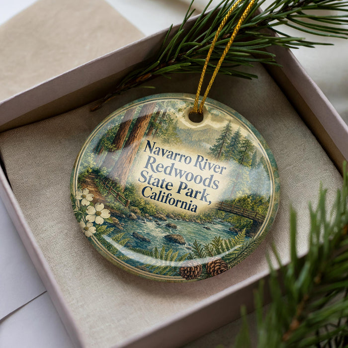 A decorative ornament with a scenic image of the Navarro River and Redwoods State Park in California, displayed in a box with pine branches.