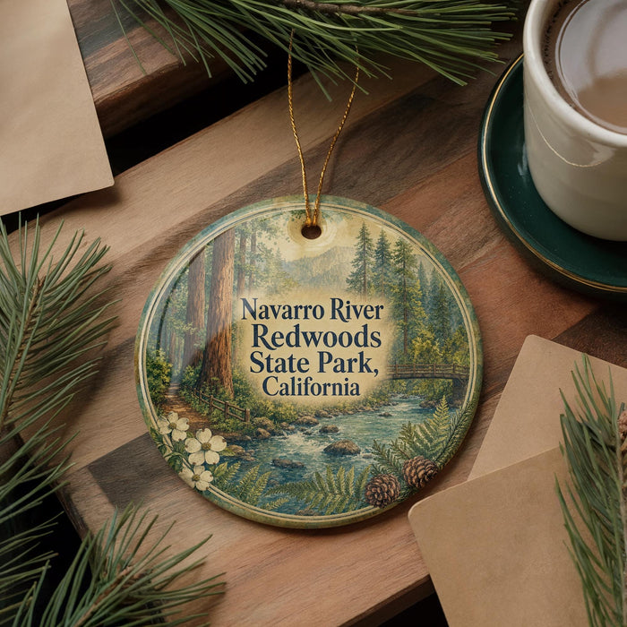 A round ornament with a scenic image of the Navarro River and Redwoods State Park in California, featuring pine trees and a stream.