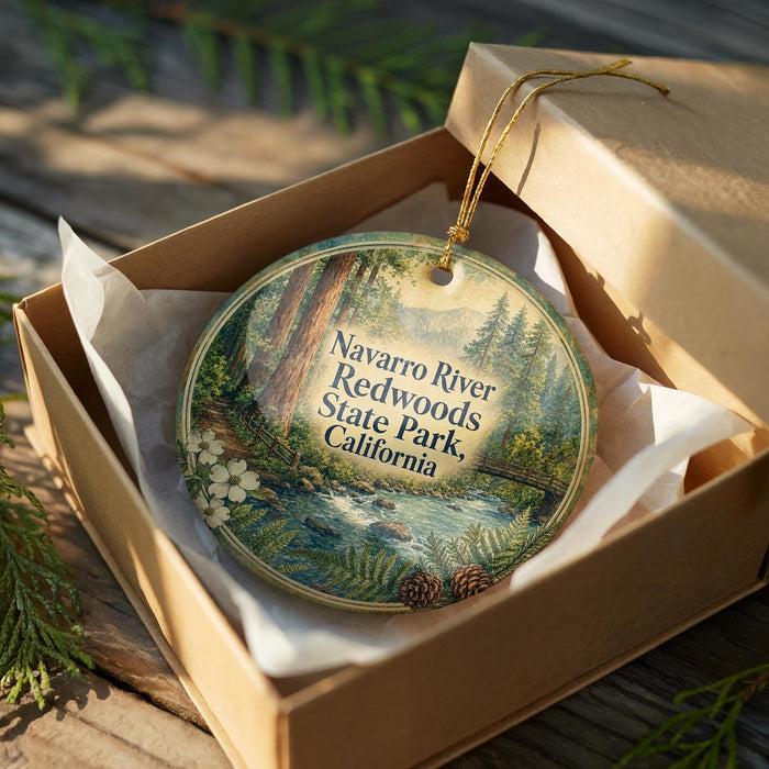 A round ornament in a brown box, featuring a scenic image of the Navarro River and Redwood State Park in California.