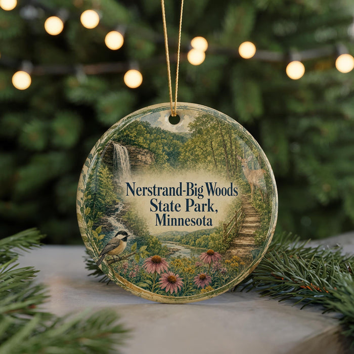 A round ornament with a scenic image of a waterfall, flowers, and a bird, hanging from a string.