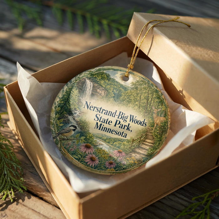A decorative ornament in a wooden box, featuring a scenic landscape with a waterfall and flowers, with the text "Nersstrand Big Woods State Park, Minnesota" printed on it.